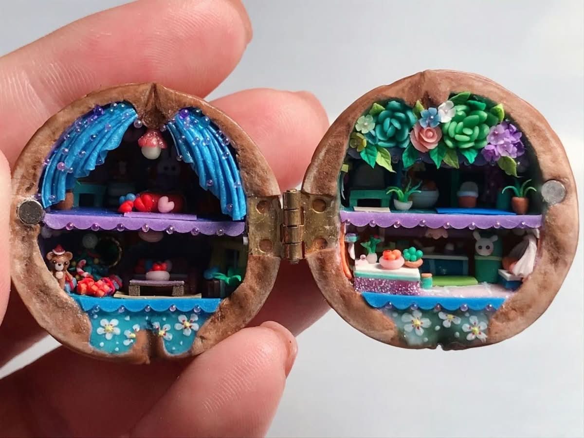 Handgemaakt Poppenhuis Walnootschelp met Binnenverlichting 13