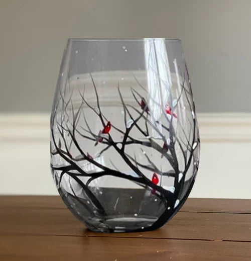 Handgeschilderde Wijnglazen met Seizoenen Boom Design Uniek Kunstwerk 5