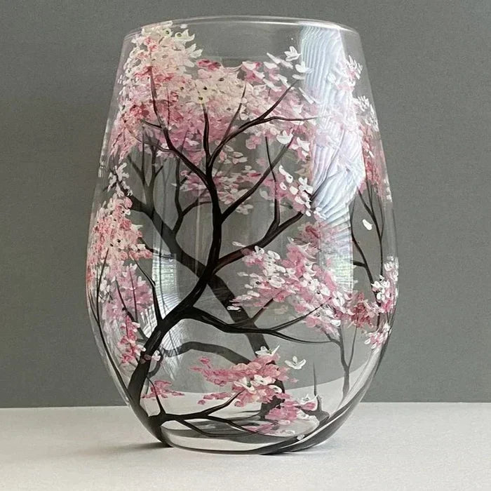 Handgeschilderde Wijnglazen met Seizoenen Boom Design Uniek Kunstwerk 6