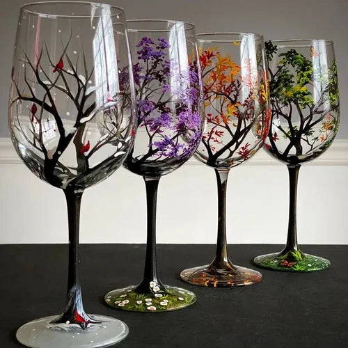 Handgeschilderde Wijnglazen met Seizoenen Boom Design Uniek Kunstwerk 8