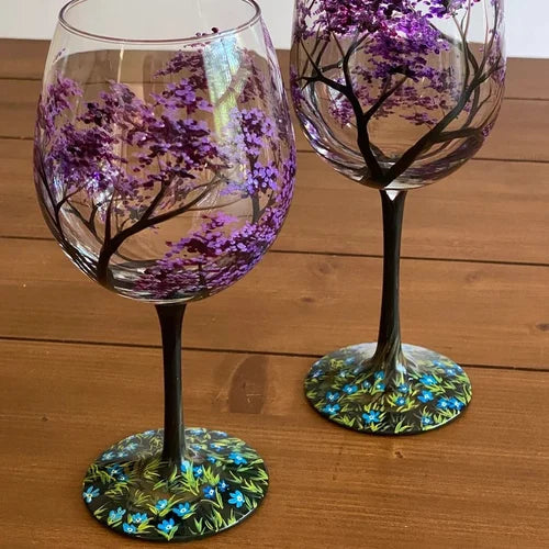 Handgeschilderde Wijnglazen met Seizoenen Boom Design Uniek Kunstwerk 9