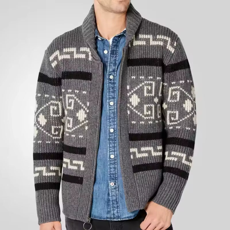Heren Cardigan Gebreid met Rits en Patroon 1
