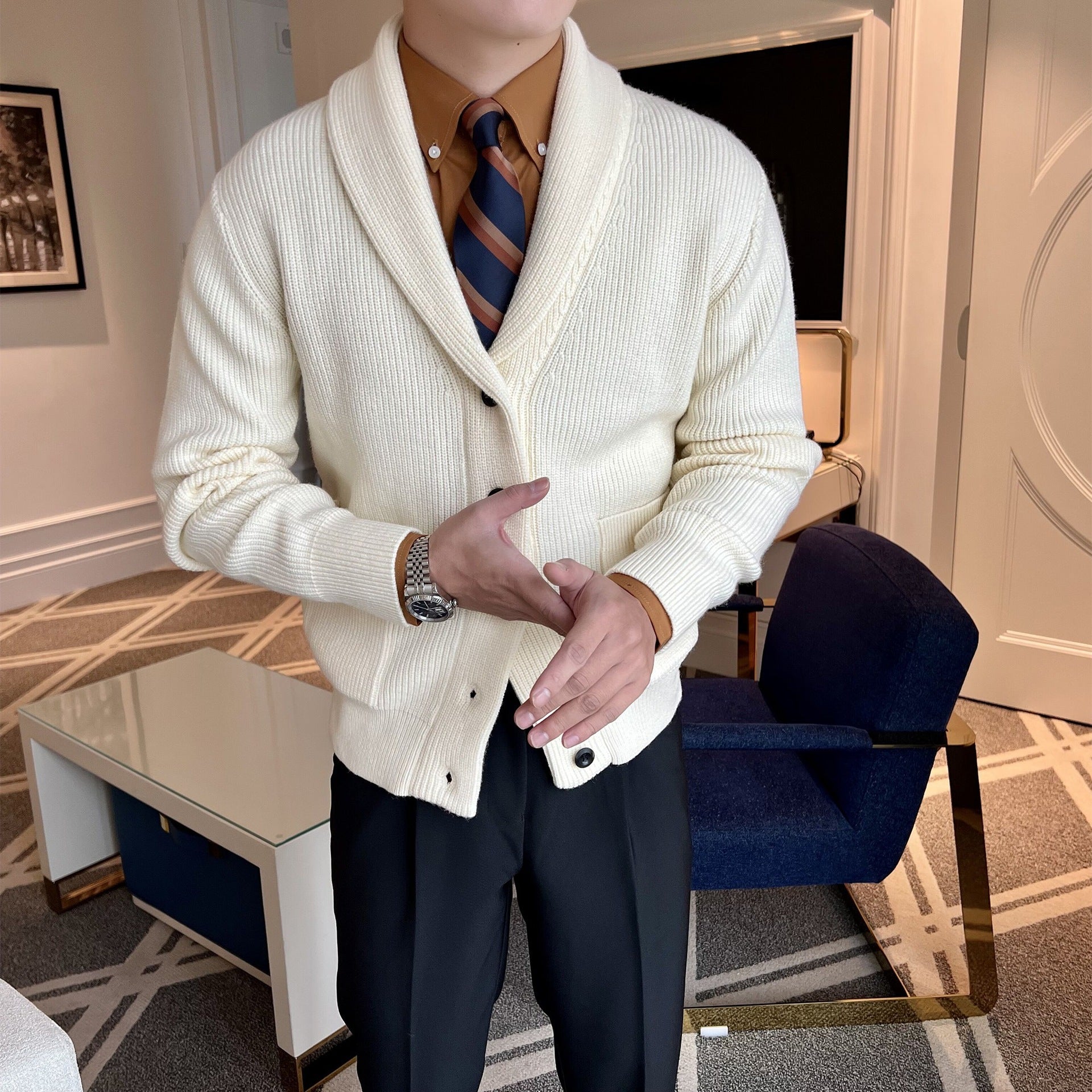 Heren Cardigan met Sjaalkraag en Ribbeltricot voor Casual en Dressy Gelegenheden 0