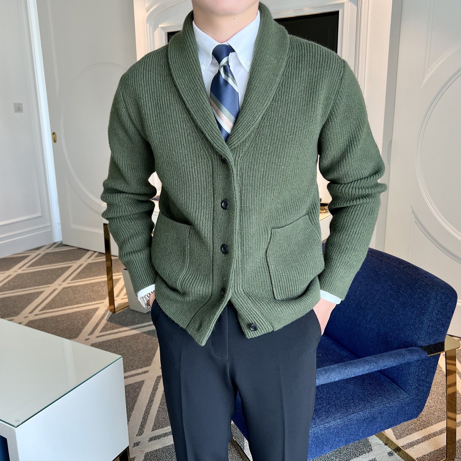 Heren Cardigan met Sjaalkraag en Ribbeltricot voor Casual en Dressy Gelegenheden 2