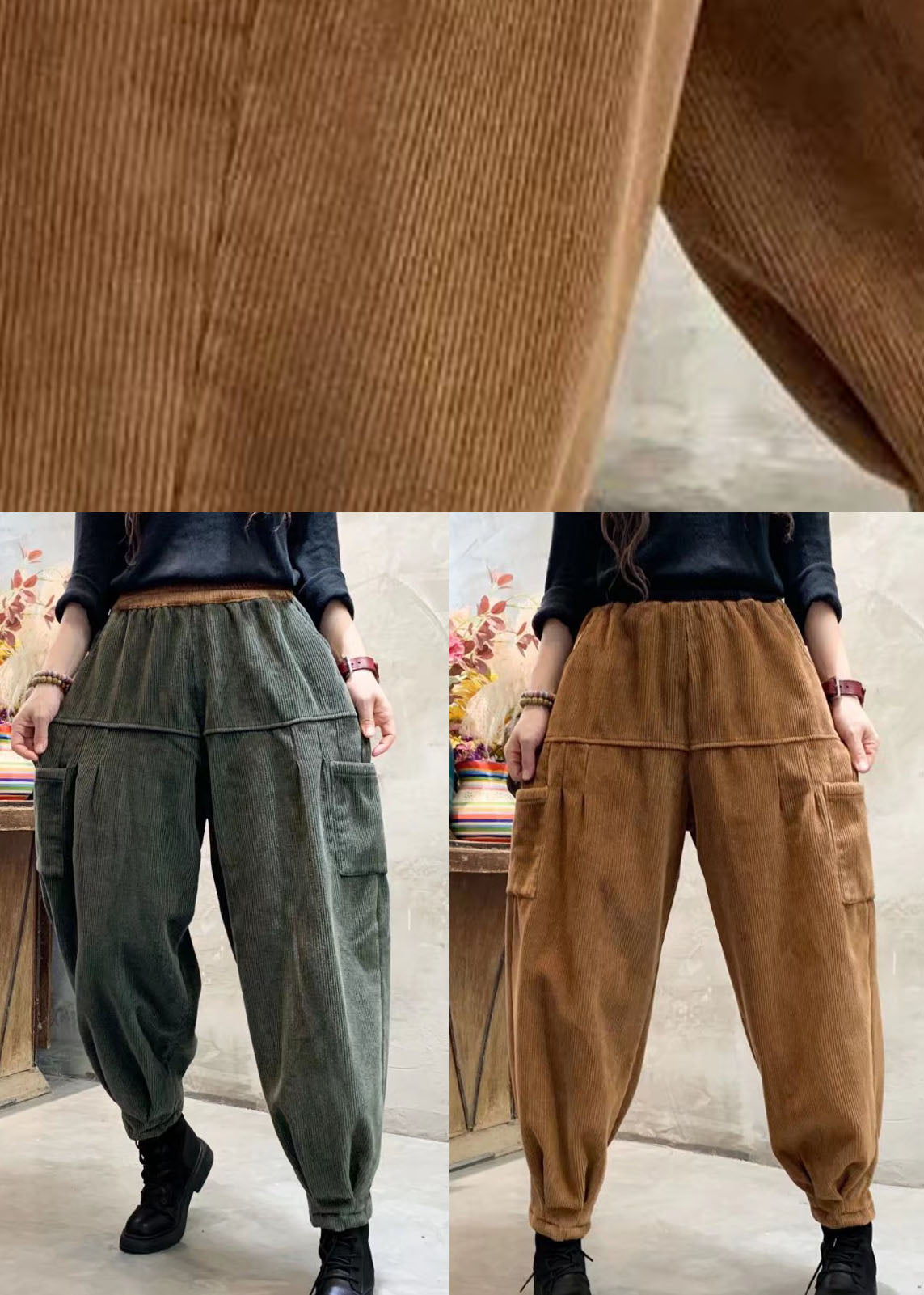 Heren Cargo Broek Losse Pasvorm Groene Corduroy 4