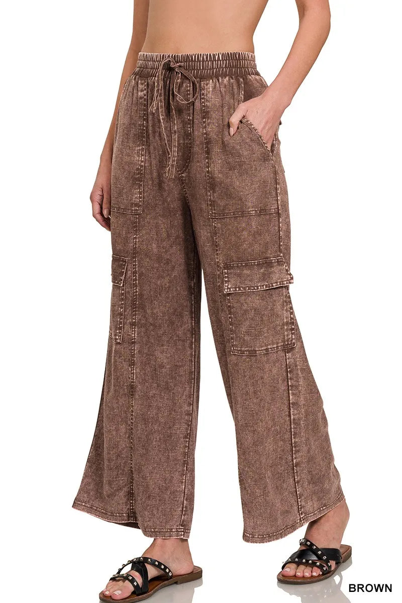 Heren Cargo Broek Met Elastische Tailleband Van Gewassen Linnen 0