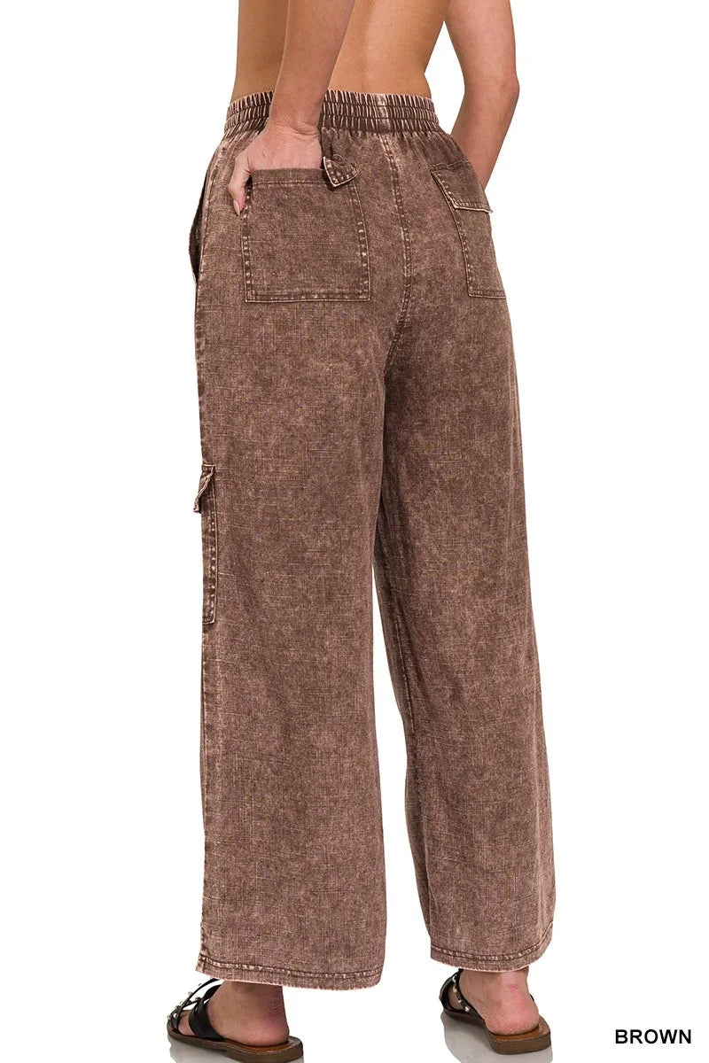 Heren Cargo Broek Met Elastische Tailleband Van Gewassen Linnen 1
