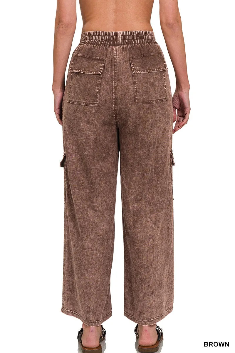 Heren Cargo Broek Met Elastische Tailleband Van Gewassen Linnen 2