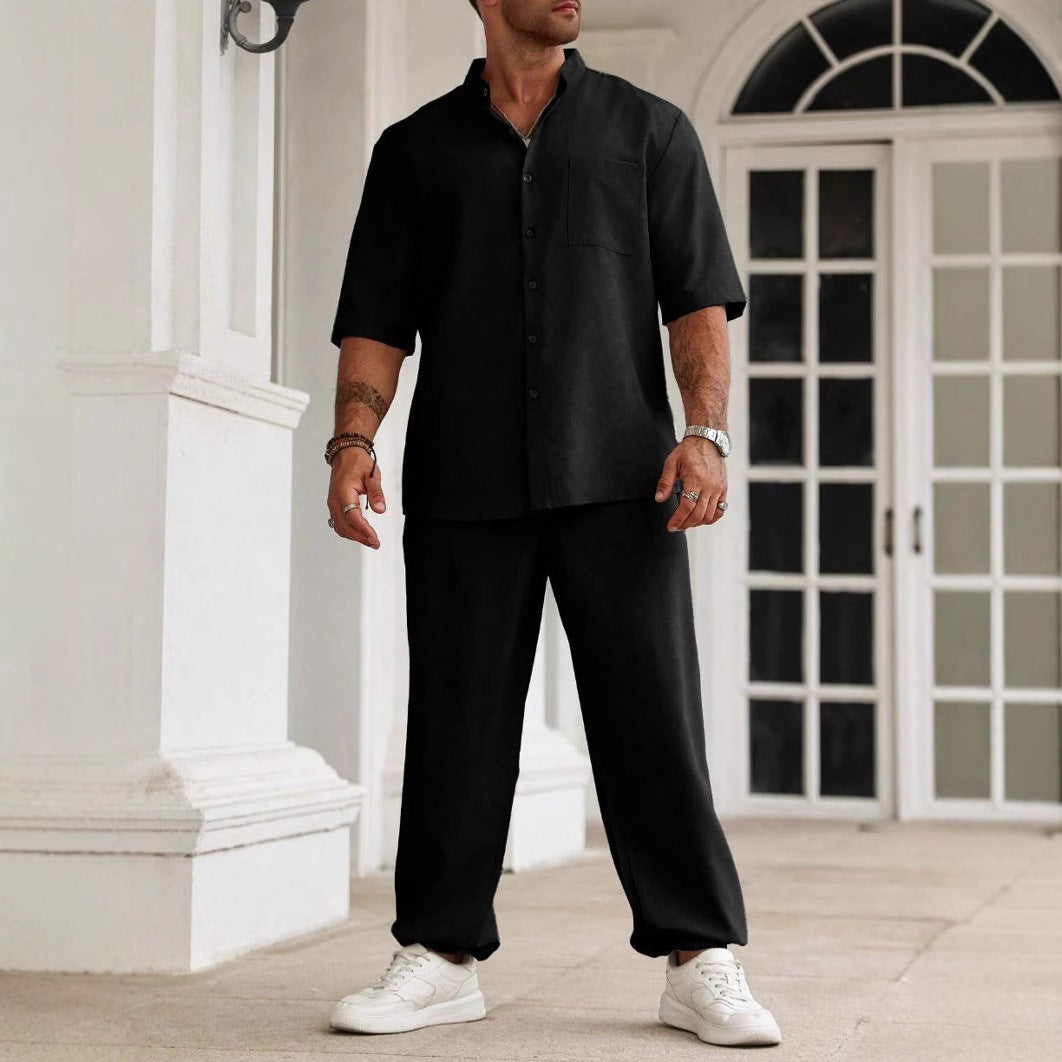 Heren Casual Set Katoen Linnen Mix Relaxed Fit Korte Mouwen 1