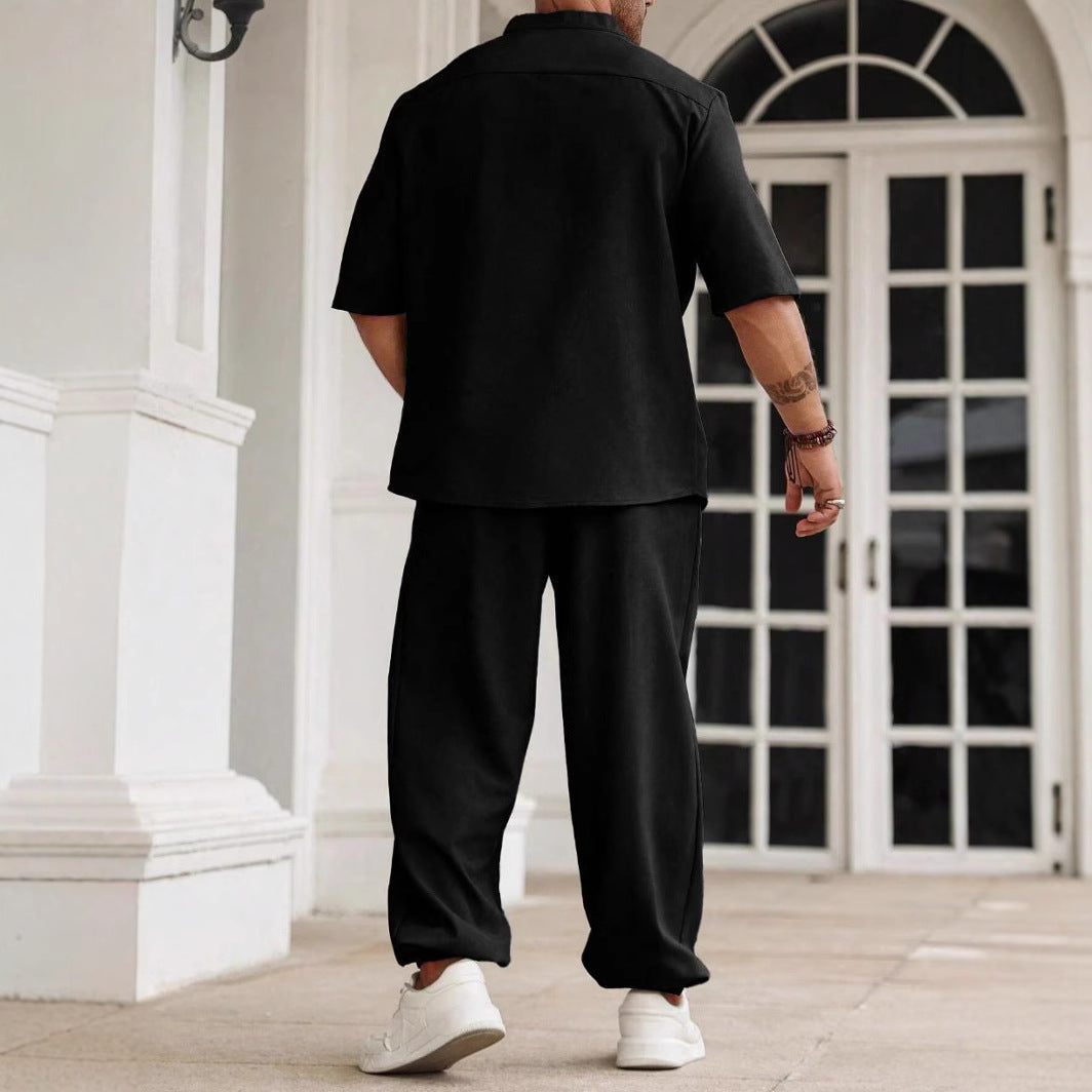 Heren Casual Set Katoen Linnen Mix Relaxed Fit Korte Mouwen 2