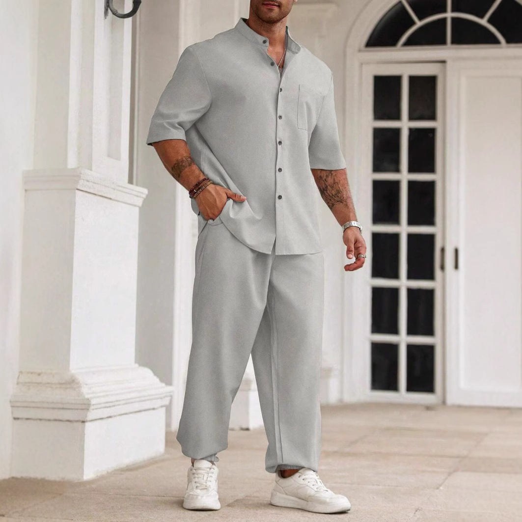 Heren Casual Set Katoen Linnen Mix Relaxed Fit Korte Mouwen 3