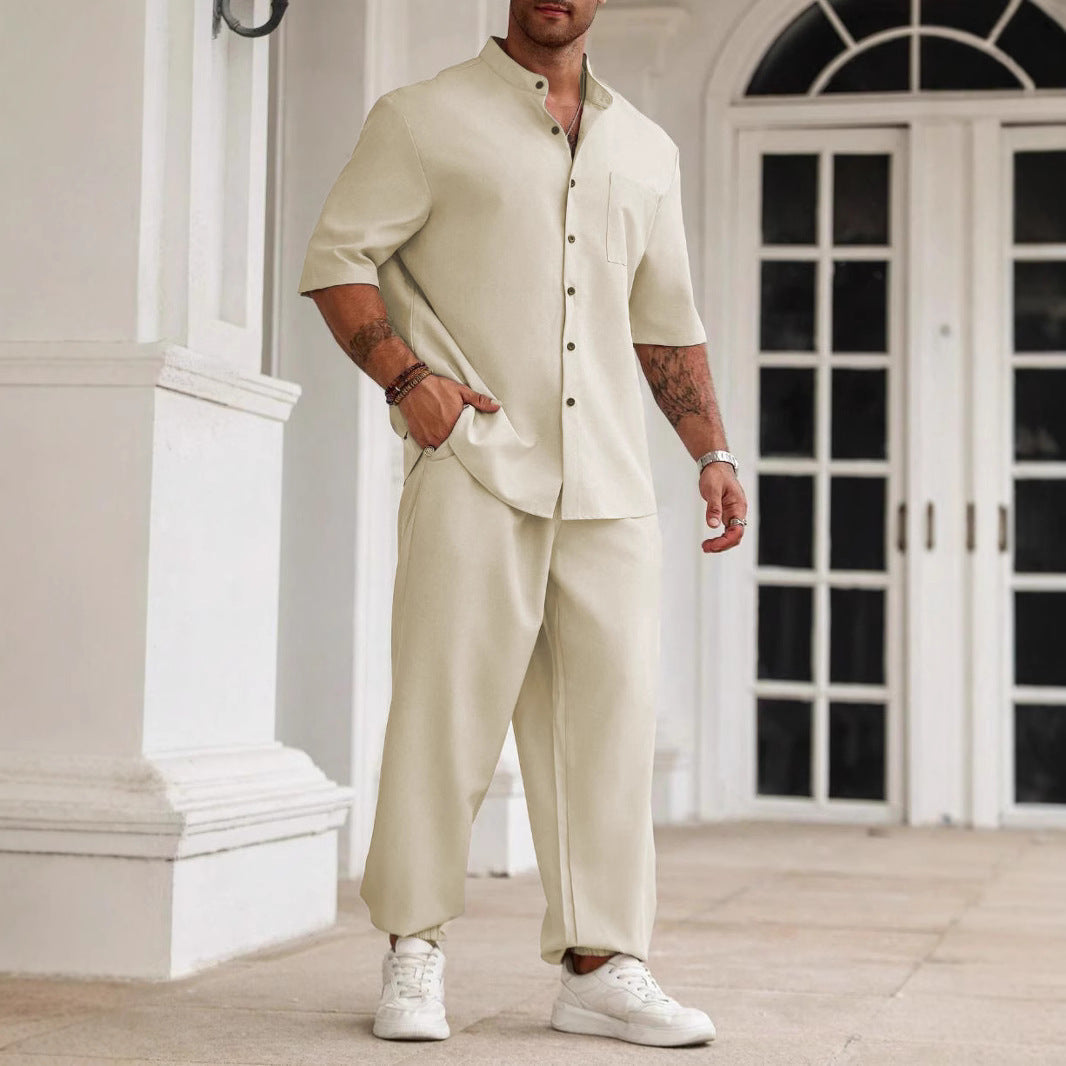 Heren Casual Set Katoen Linnen Mix Relaxed Fit Korte Mouwen 4