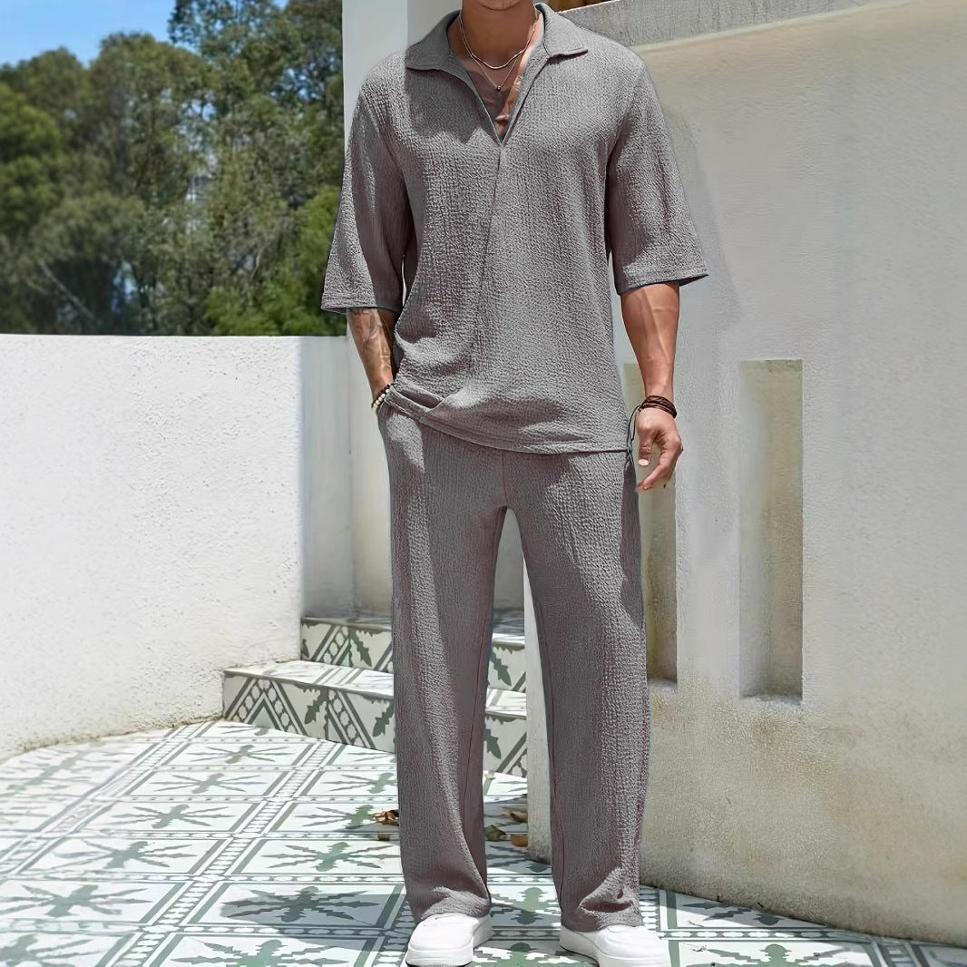 Heren Casual Set Lichtgewicht Textuur Half-Zip Shirt en Broek 1