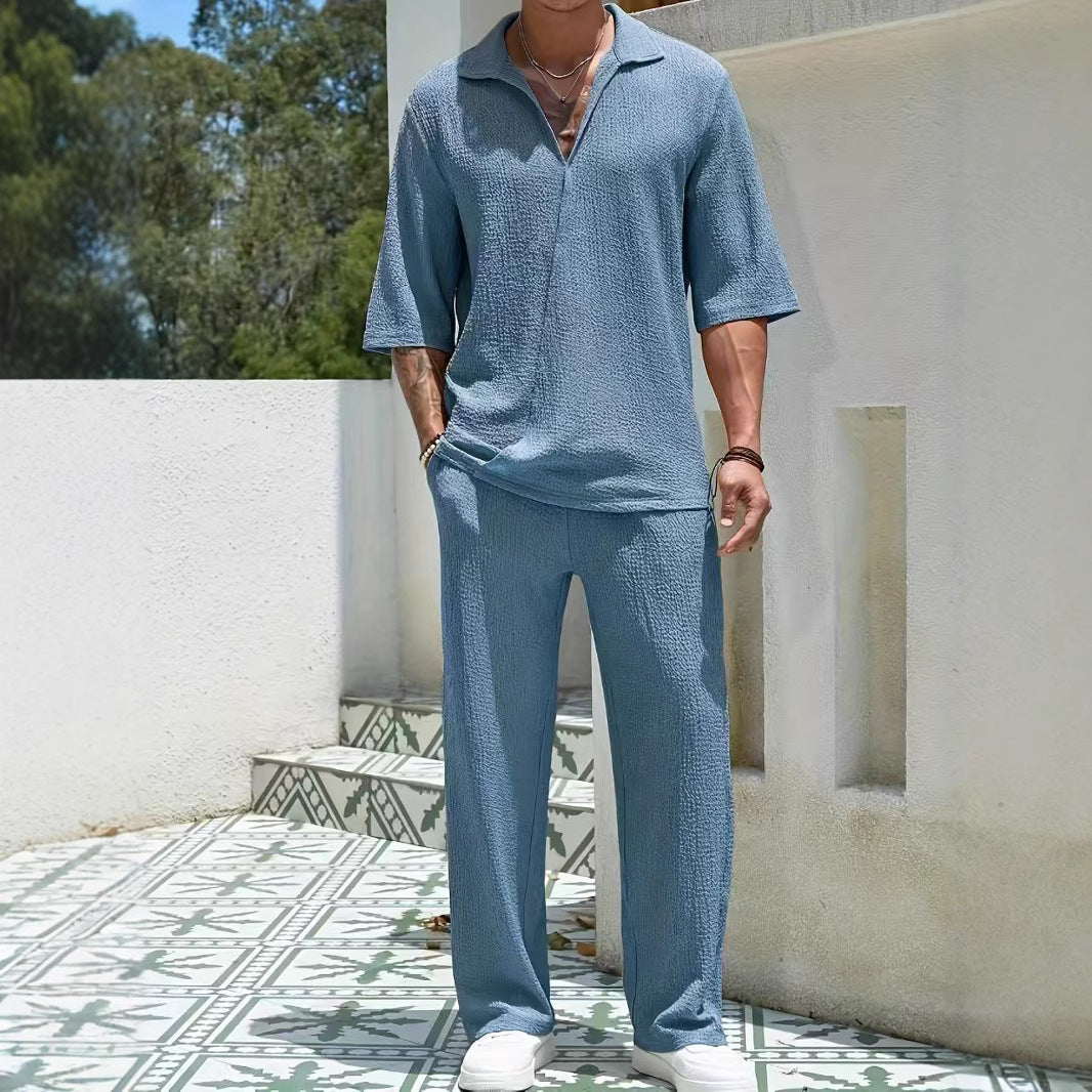 Heren Casual Set Lichtgewicht Textuur Half-Zip Shirt en Broek 2