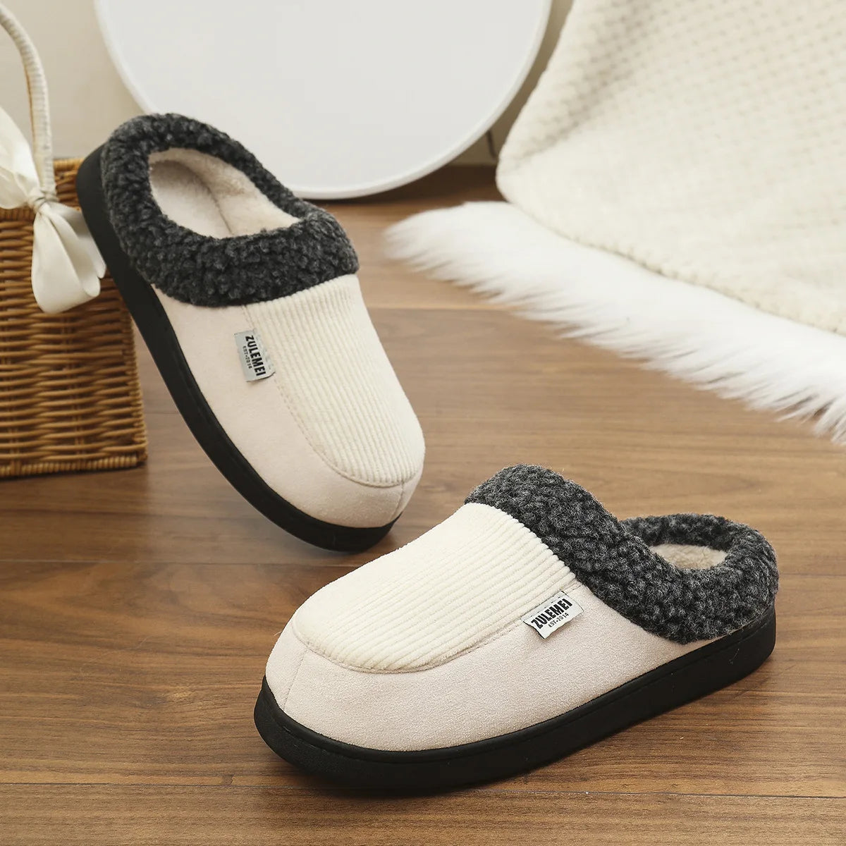 Heren Geheugenfoam Huisslippers met Zachte Pluche en Antislip Zool 0