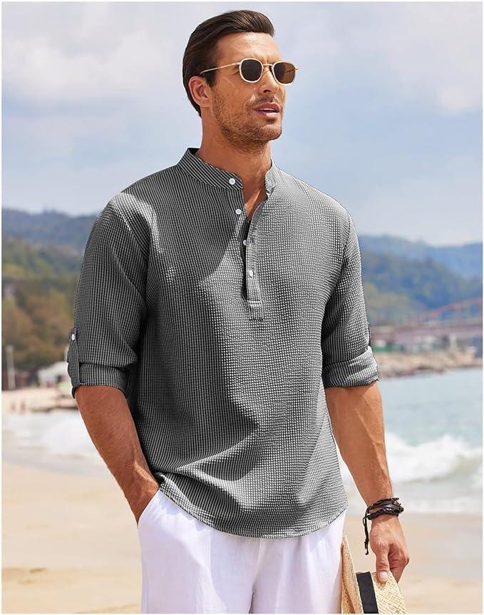 Heren Henley Shirt Lange Mouwen Rol-Up Casual 1