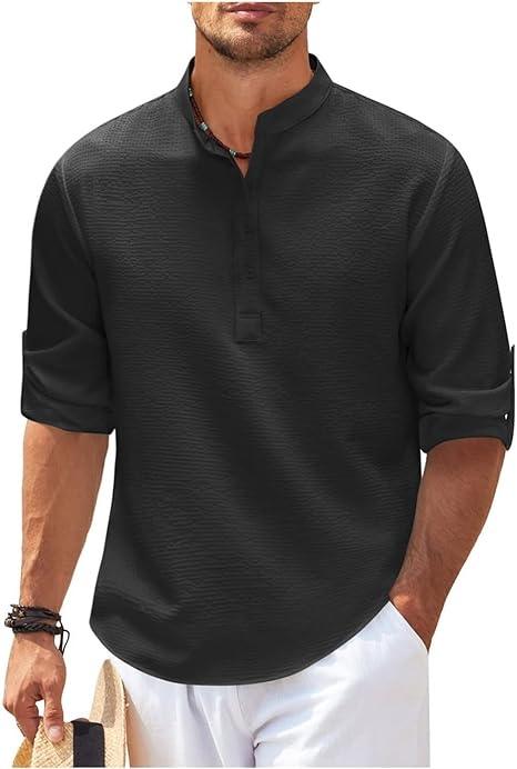 Heren Henley Shirt Lange Mouwen Rol-Up Casual 5