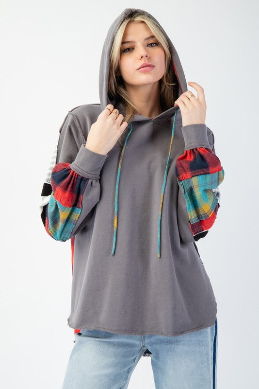 Heren Hoodie Terry Knit Mix Ruit Grijs 2