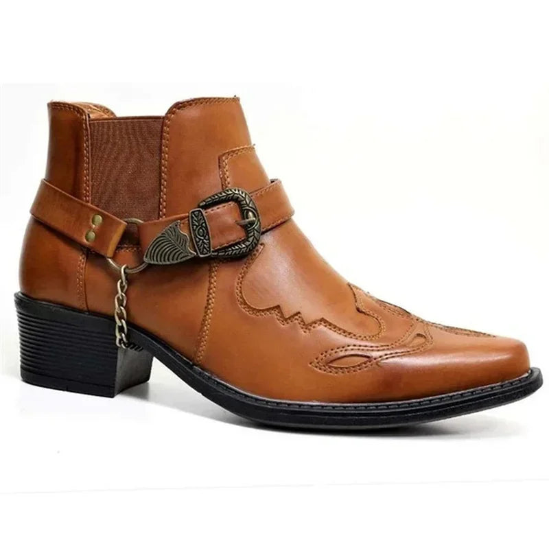 Heren Laarzen Vintage Cowboy Leer Hoog met Ketting en Gesp 1