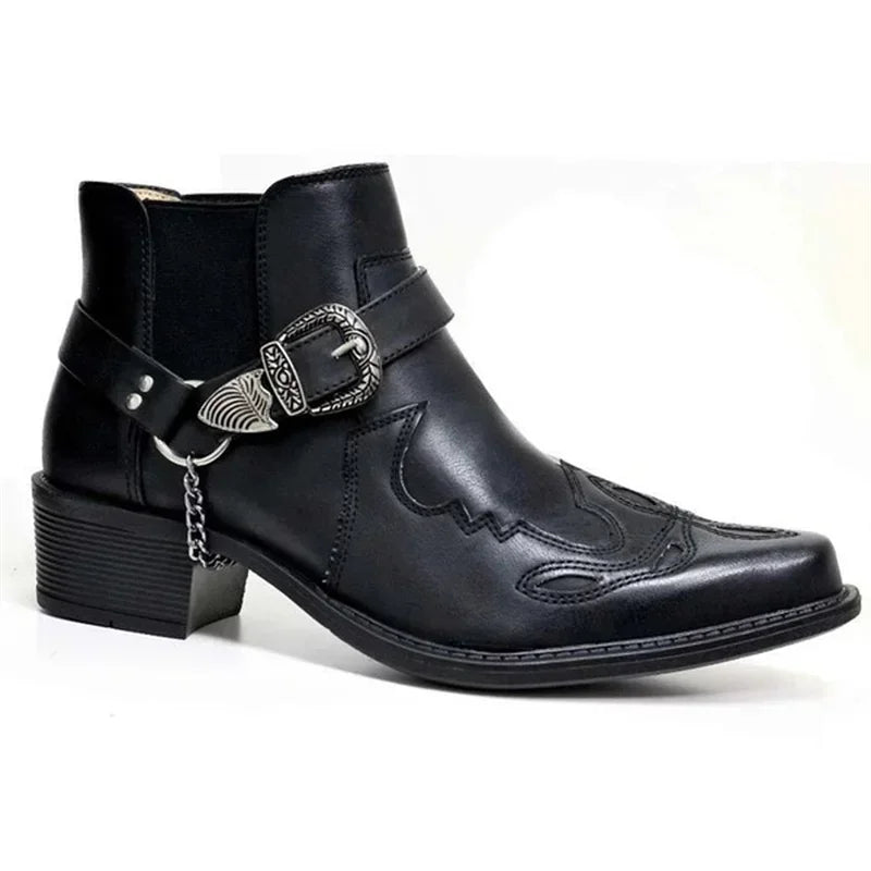 Heren Laarzen Vintage Cowboy Leer Hoog met Ketting en Gesp 3