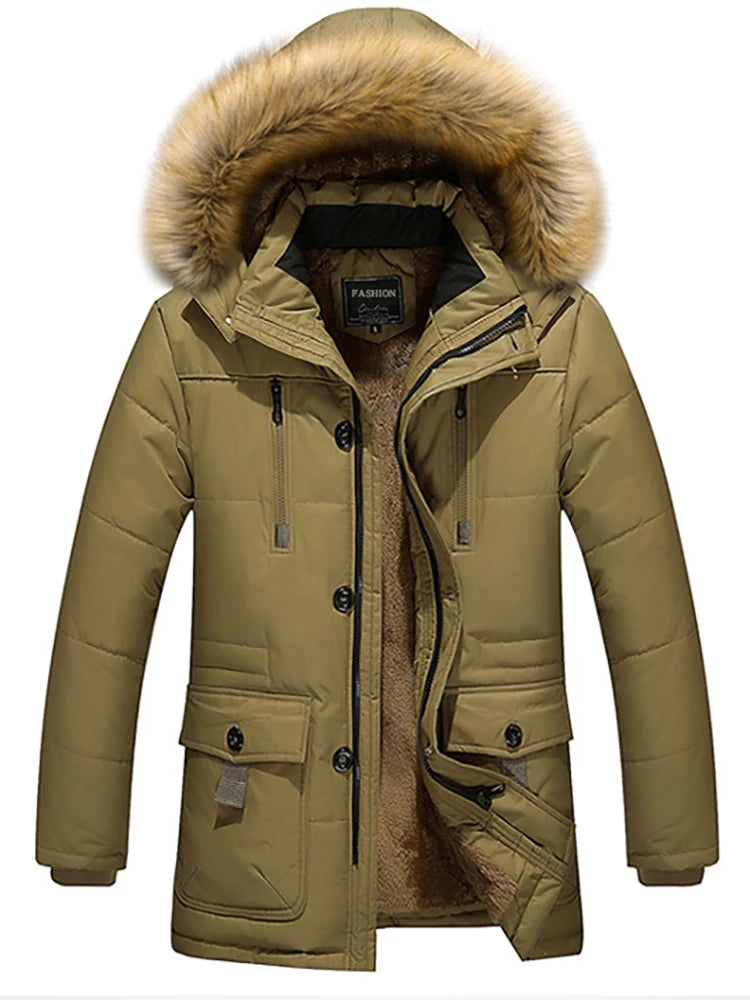 Heren Lange Jas Winter met Raccoon Bontkraag en Comfortabele Katoenen Stof 1