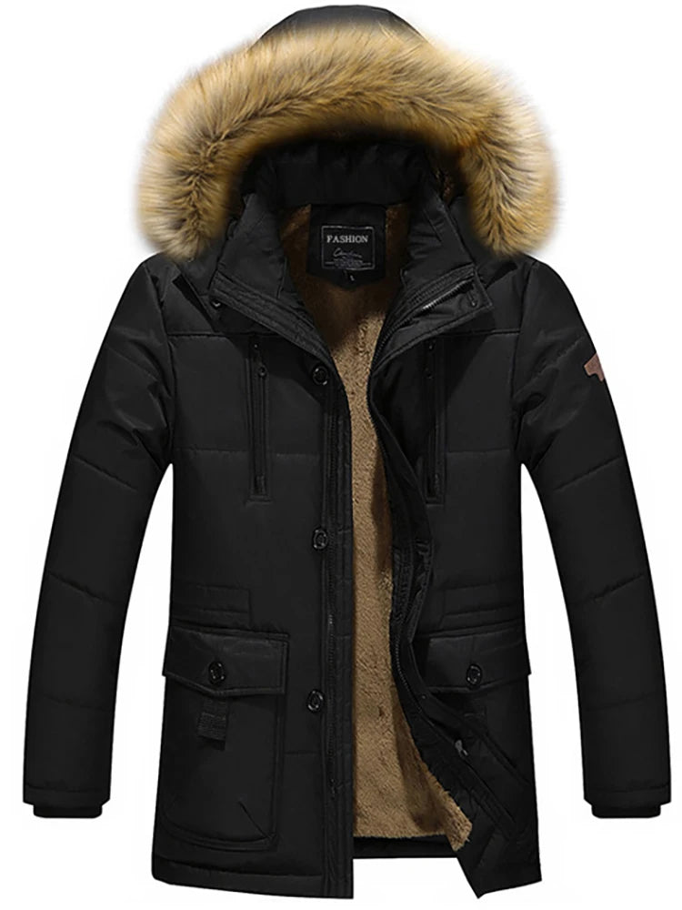 Heren Lange Jas Winter met Raccoon Bontkraag en Comfortabele Katoenen Stof 2