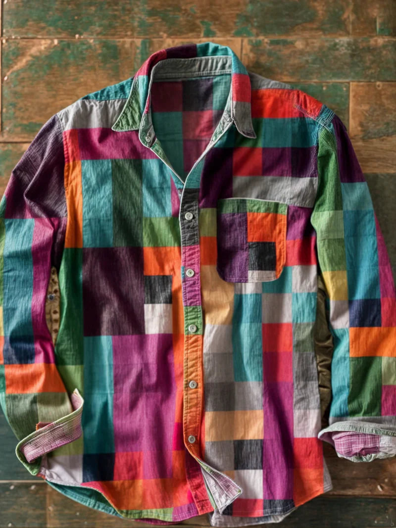 Heren Lange Mouwen Patchwork Overhemd met Knopen en Borstzak 1