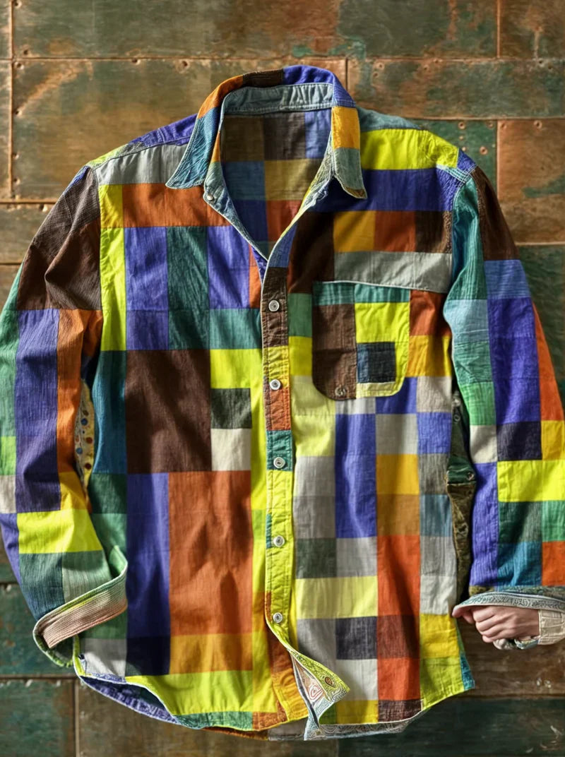 Heren Lange Mouwen Patchwork Overhemd met Knopen en Borstzak 2