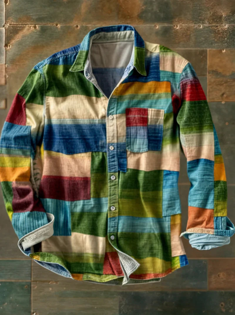Heren Lange Mouwen Patchwork Overhemd met Knopen en Borstzak 3