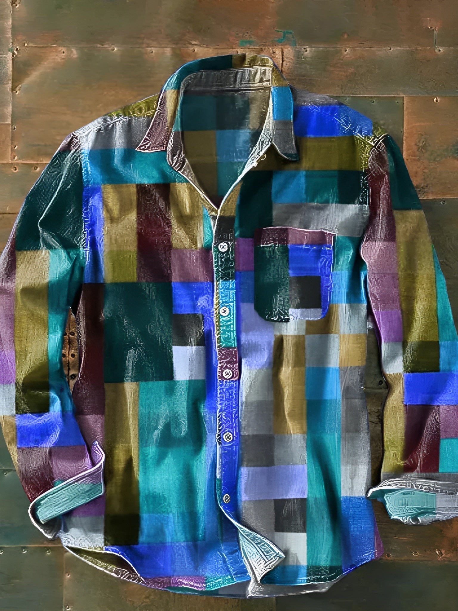 Heren Lange Mouwen Patchwork Overhemd met Knopen en Borstzak 4