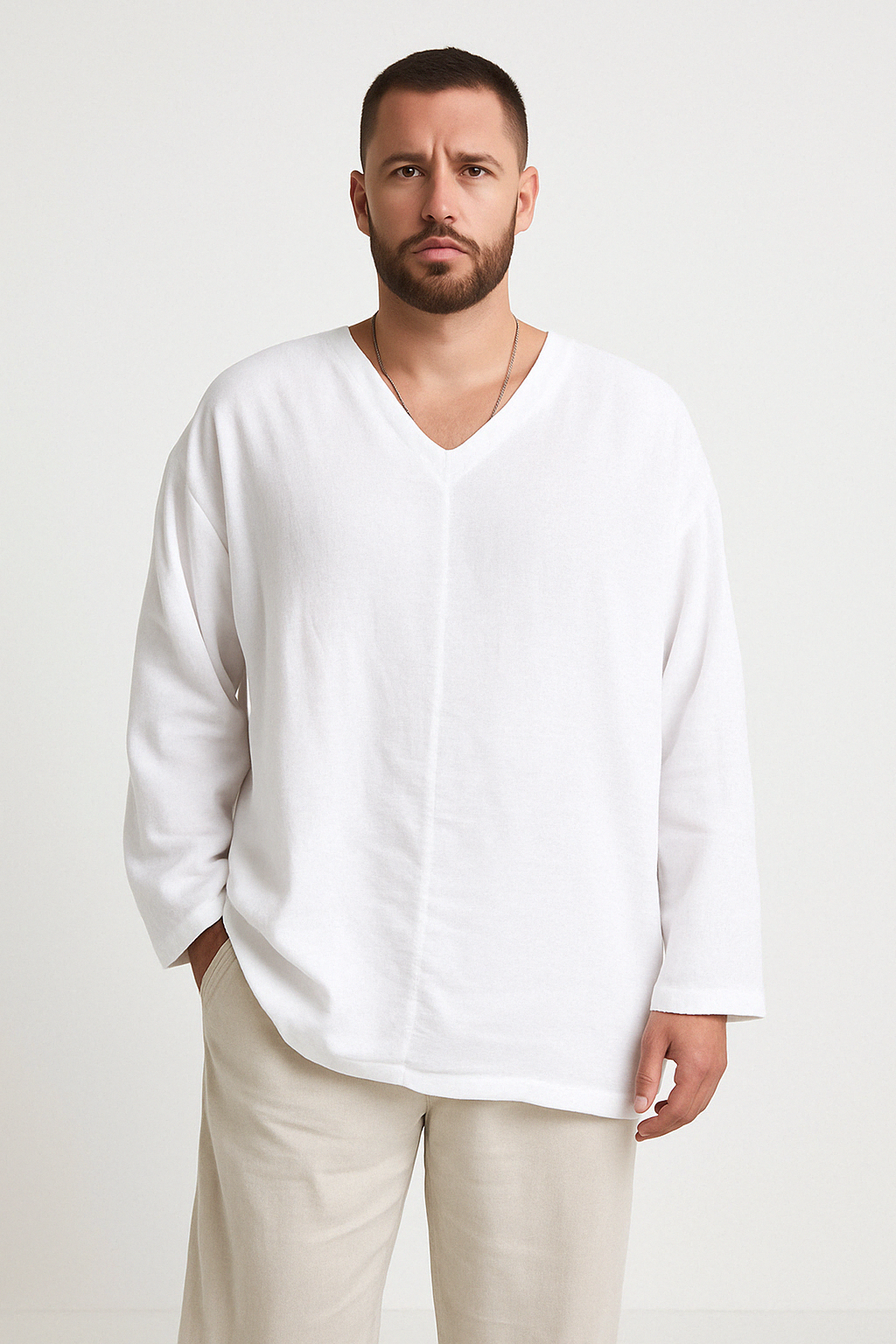 Heren Linnen Shirt Relaxed Fit V-Hals Lange Mouwen 0