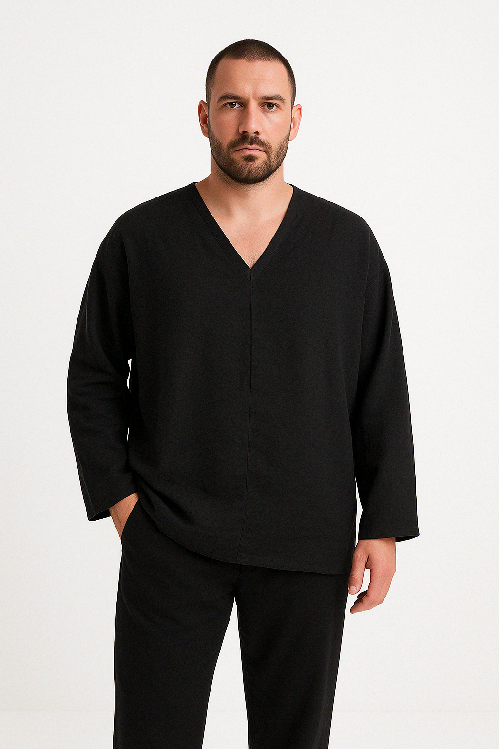 Heren Linnen Shirt Relaxed Fit V-Hals Lange Mouwen 1