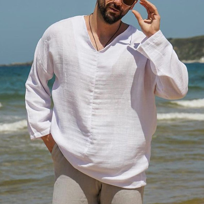 Heren Linnen Shirt Relaxed Fit V-Hals Lange Mouwen 3