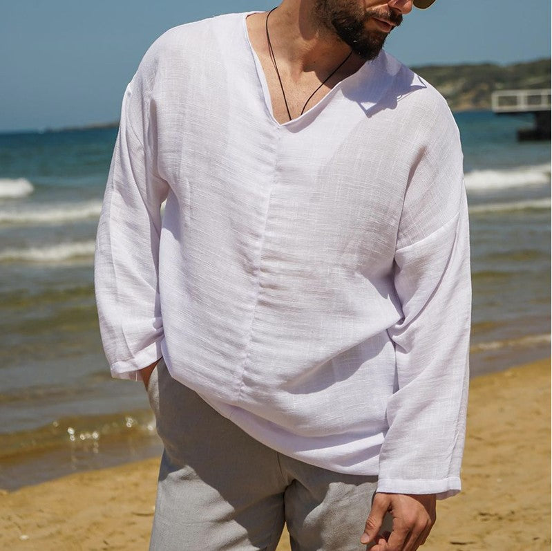 Heren Linnen Shirt Relaxed Fit V-Hals Lange Mouwen 4