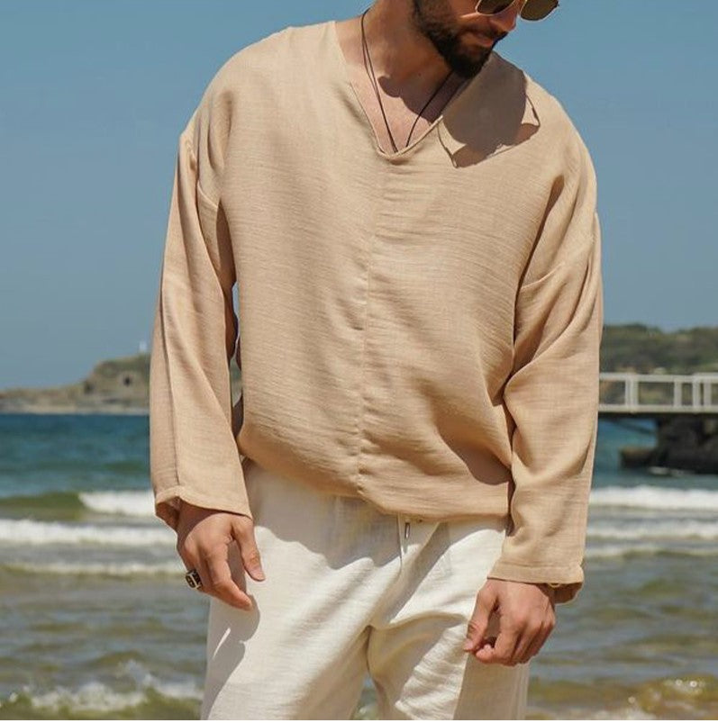 Heren Linnen Shirt Relaxed Fit V-Hals Lange Mouwen 5