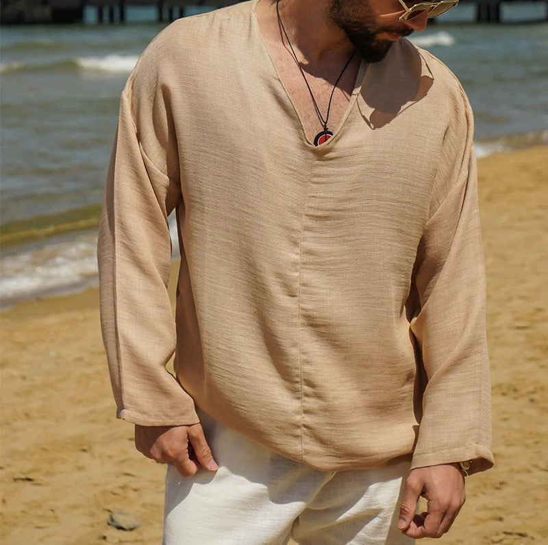 Heren Linnen Shirt Relaxed Fit V-Hals Lange Mouwen 6