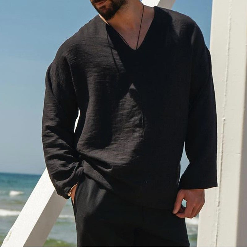 Heren Linnen Shirt Relaxed Fit V-Hals Lange Mouwen 7