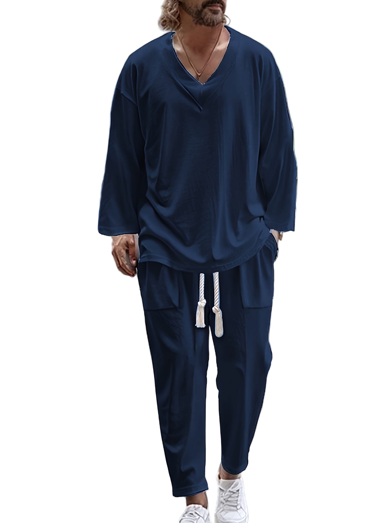 Heren Loungewear Set V-Hals Lange Mouwen Top en Relaxed Fit Broek met Zakjes 4