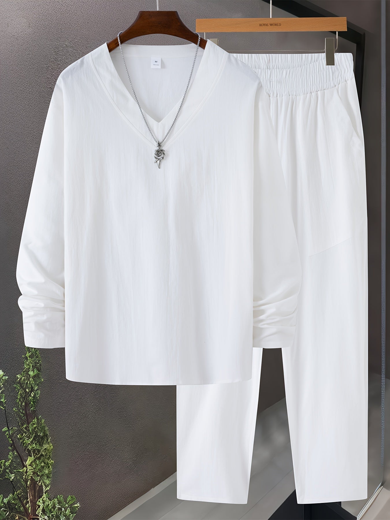 Heren Loungewear Set V-Hals Lange Mouwen Top en Relaxed Fit Broek met Zakjes 7