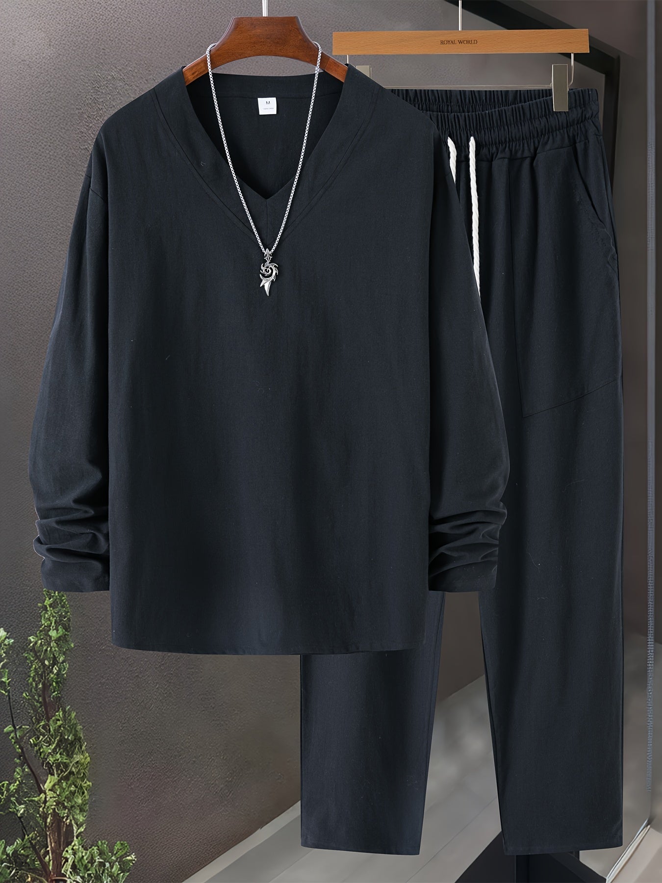 Heren Loungewear Set V-Hals Lange Mouwen Top en Relaxed Fit Broek met Zakjes 8