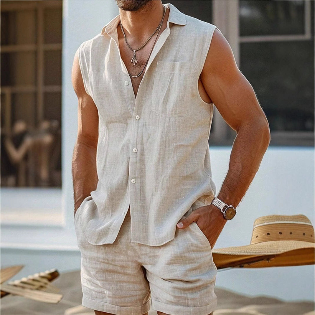 Heren Shirt en Shorts Set Katoen Linnen Casual 0