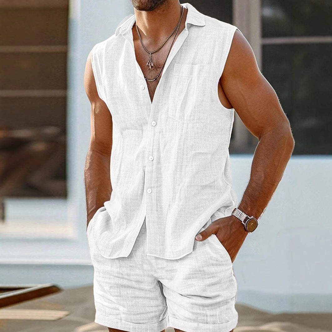 Heren Shirt en Shorts Set Katoen Linnen Casual 3
