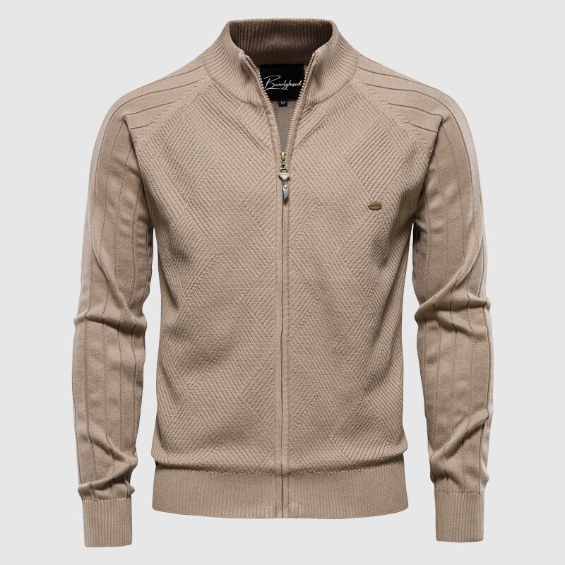 Heren Zip-Up Cardigan met Geribbelde Textuur en Staande Kraag 0