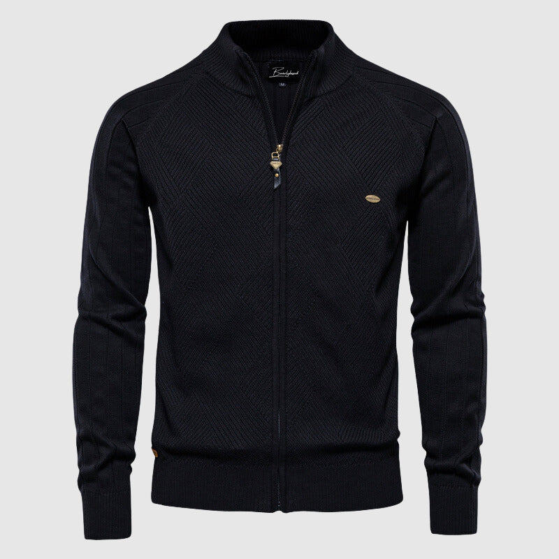 Heren Zip-Up Cardigan met Geribbelde Textuur en Staande Kraag 1
