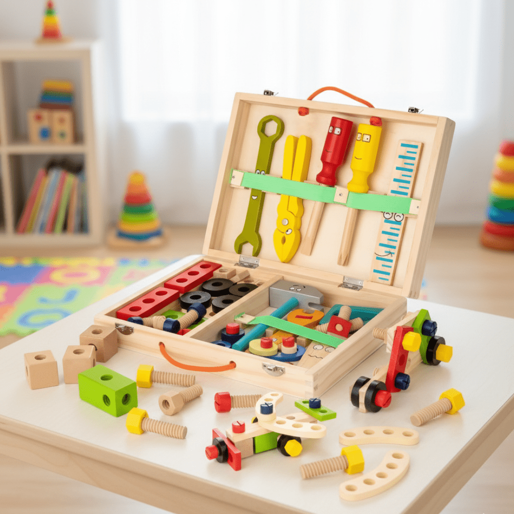 Houten Gereedschapskoffer voor Kinderen met Bouwvaardigheden 0