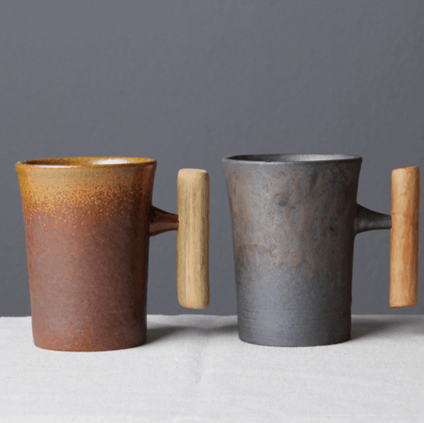 Keramische Koffiemok Japanse Stijl met Houten Handvat 2