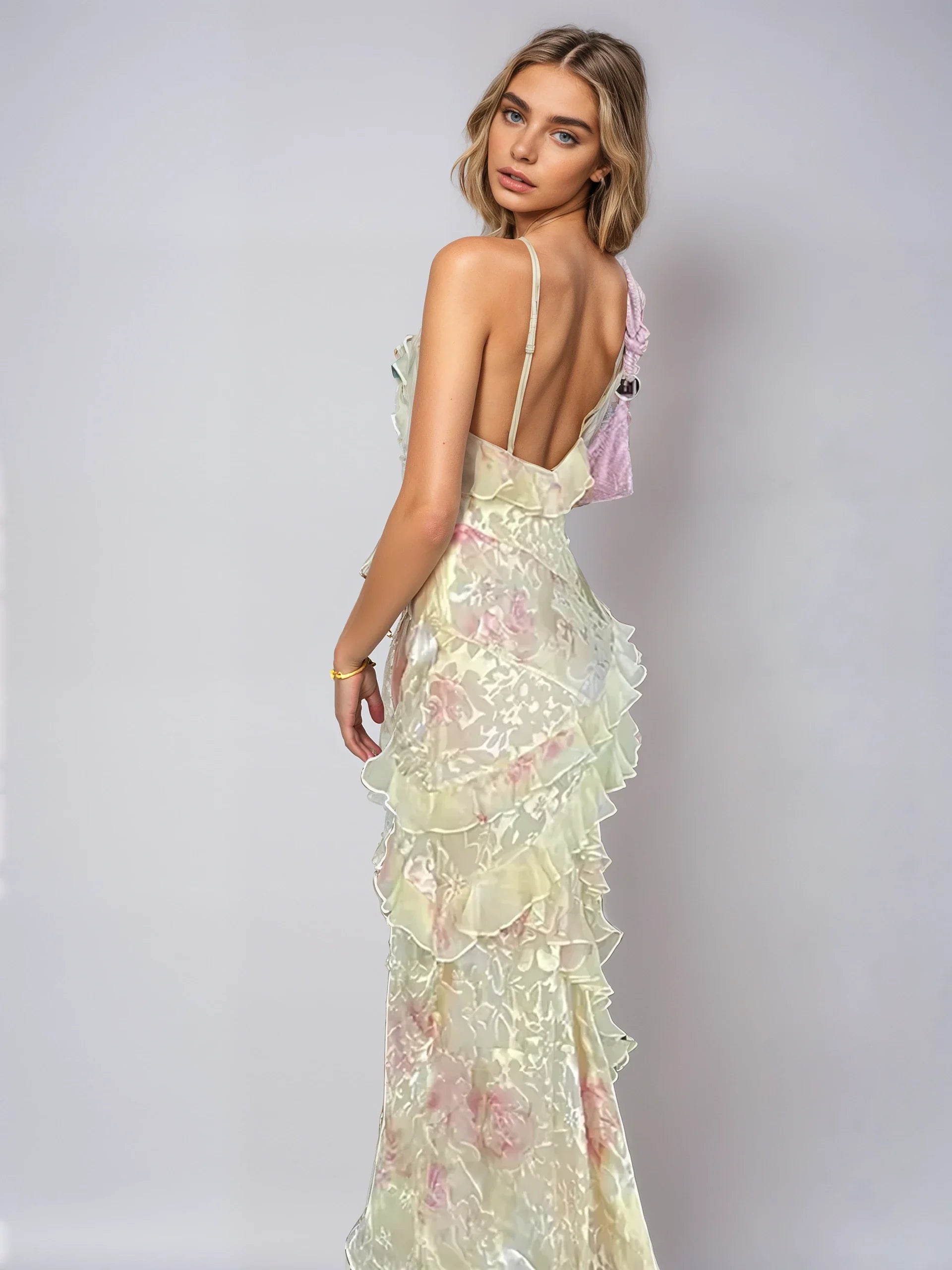 Dames Lange Zomerjurk Pastel Romantisch Mesh met Diepe V-Cut-4