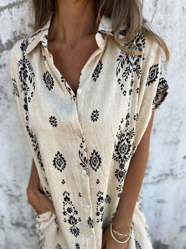 Korte Mouwen Casual Linnen Katoenen Shirt Jurk met Zak 1