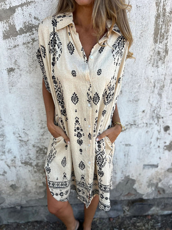 Korte Mouwen Casual Linnen Katoenen Shirt Jurk met Zak 3