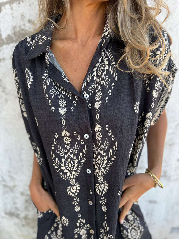 Korte Mouwen Casual Linnen Katoenen Shirt Jurk met Zak 4